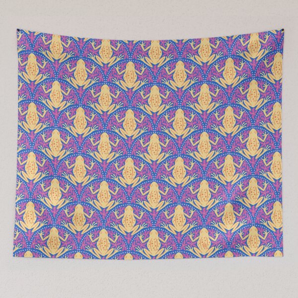 Item preview, Frogs and Florals - Yellow & Orange Frog, Magenta Flowers, Blue Background designed and sold by Paige Brady Design.