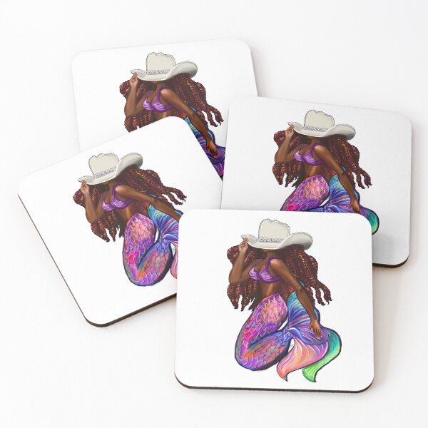Item preview, Mermaid with flowing red locs and Country Cowgirl hat Afro hair and brown skin. Black mermaid designed and sold by Artonmytee.