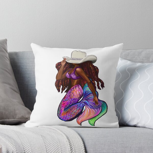 Item preview, Mermaid with flowing red locs and Country Cowgirl hat Afro hair and brown skin. Black mermaid designed and sold by Artonmytee.