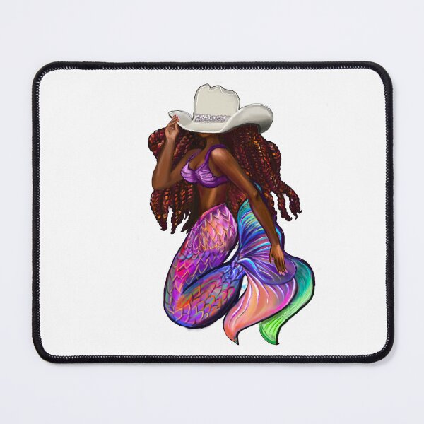 Item preview, Mermaid with flowing red locs and Country Cowgirl hat Afro hair and brown skin. Black mermaid designed and sold by Artonmytee.
