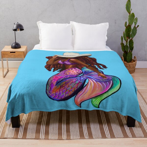 Item preview, Mermaid with flowing red locs and Country Cowgirl hat Afro hair and brown skin. Black mermaid designed and sold by Artonmytee.