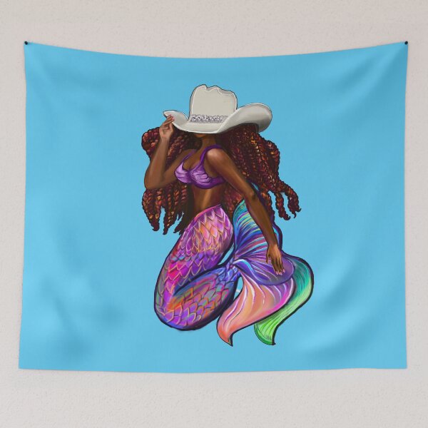 Item preview, Mermaid with flowing red locs and Country Cowgirl hat Afro hair and brown skin. Black mermaid designed and sold by Artonmytee.