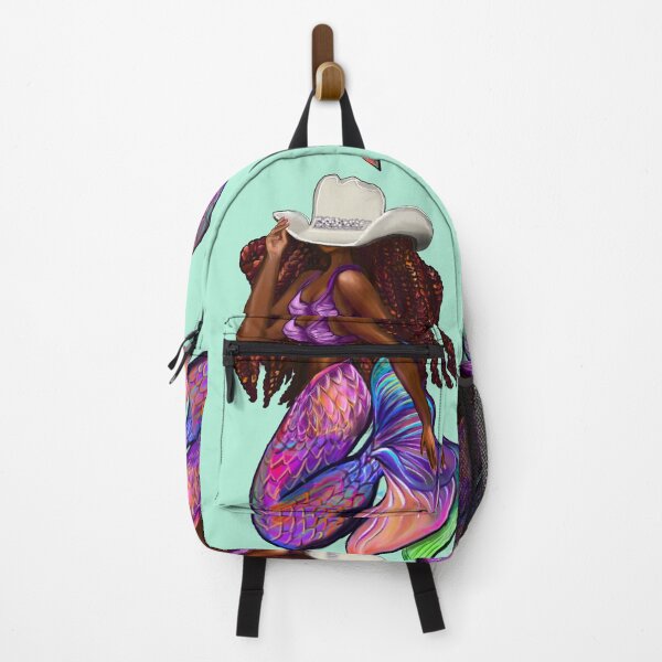 Item preview, Mermaid with flowing red locs and Country Cowgirl hat Afro hair and brown skin. Black mermaid designed and sold by Artonmytee.