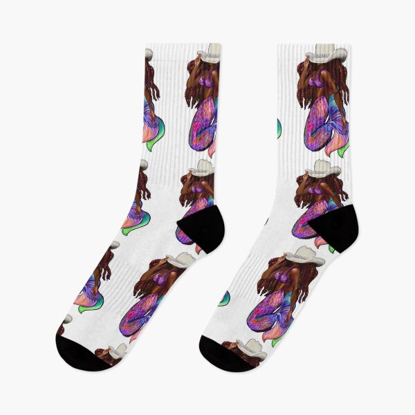 Item preview, Mermaid with flowing red locs and Country Cowgirl hat Afro hair and brown skin. Black mermaid designed and sold by Artonmytee.