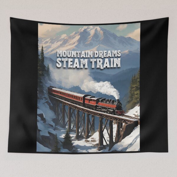 Item preview, Mountain dreams steam train steam train crossing a towering trestle bridge against the backdrop of a majestic mountain rang designed and sold by TrainJourney.