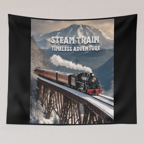 Item preview, Steam train timeless adventure steam train crossing a towering trestle bridge against the backdrop of a majestic mountain rang designed and sold by TrainJourney.
