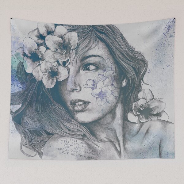 Item preview, Mascara blue | woman face drawing with white flowers designed and sold by Marco Paludet.