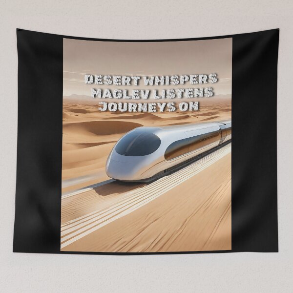 Aperçu de l'œuvre Desert murmures maglev écoute des voyages à bord d'un train maglev futuriste à travers un vaste paysage désertique, laissant une traînée de sable tourbillonnant dans son sillage. créée et vendue par TrainJourney.