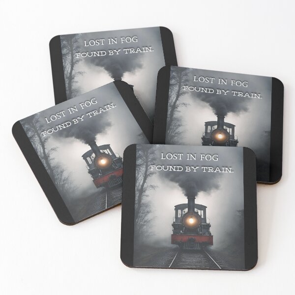 Item preview, Lost in fog found by train  steam-powered train journeying through a dense fog, its headlights piercing the mist as it chugs along the tracks designed and sold by TrainJourney.