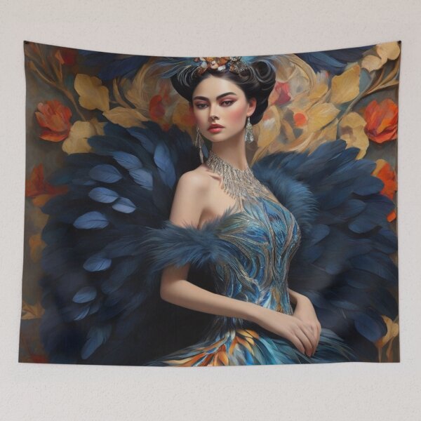 Item preview, Woman in a blue feather dress designed and sold by Vintage Designs +.