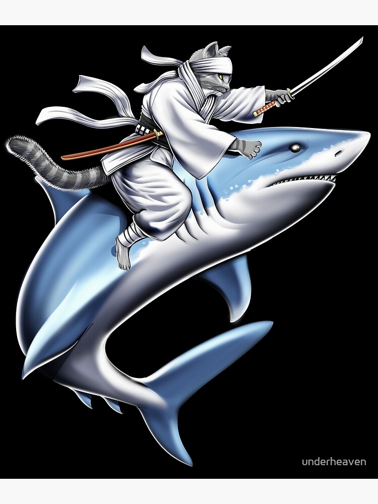 Cat Samurai Ninja Riding Shark