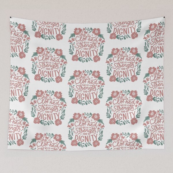 Item preview, Christian Typography: She is Clothed with Strength and Dignity - Pink Rosey Floral Design designed and sold by HahaHandlesHub.