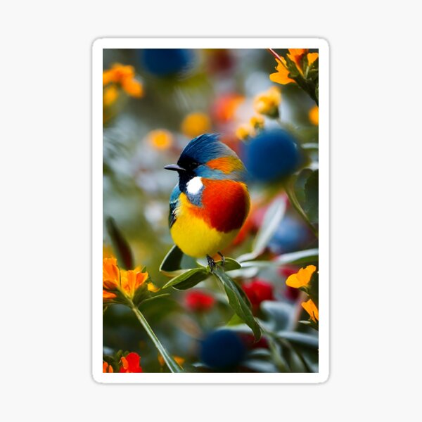 A beautiful multicolored bird is perched gracefully on a bloom of orange Sticker