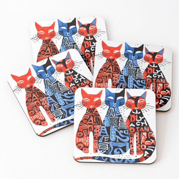 Item preview, Boho Retro Cats Trio - Simple Illustration in Red, Blue, and Black designed and sold by ironpalette.