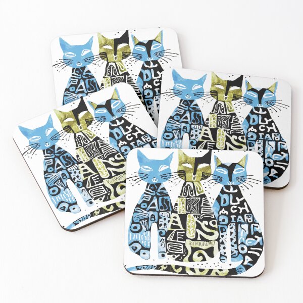 Item preview, Boho Retro Cats Trio - Simple Illustration in green, Blue, and Black designed and sold by ironpalette.