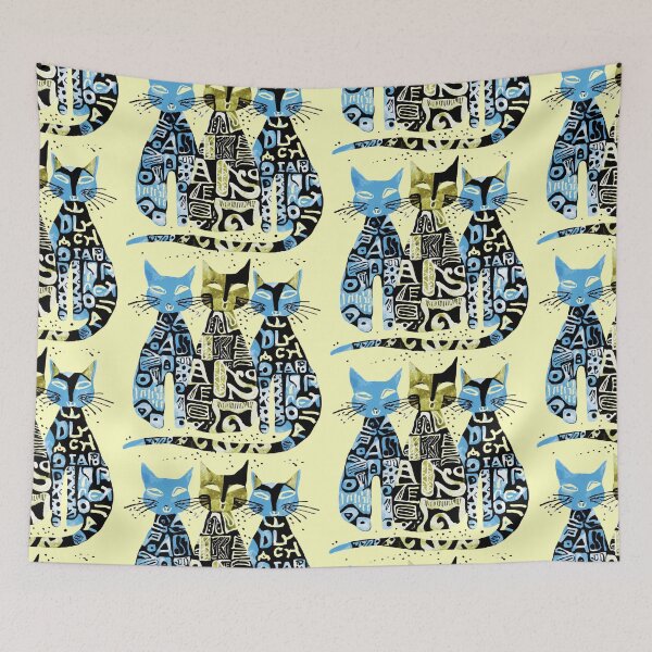 Item preview, Boho Retro Cats Trio - Simple Illustration in green, Blue, and Black designed and sold by ironpalette.