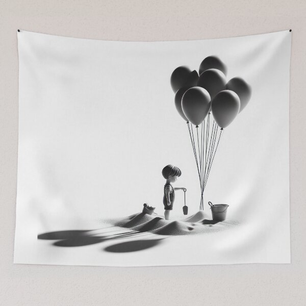 Item preview, waiting popup, little boy with balloon designed and sold by Care-and-Share.