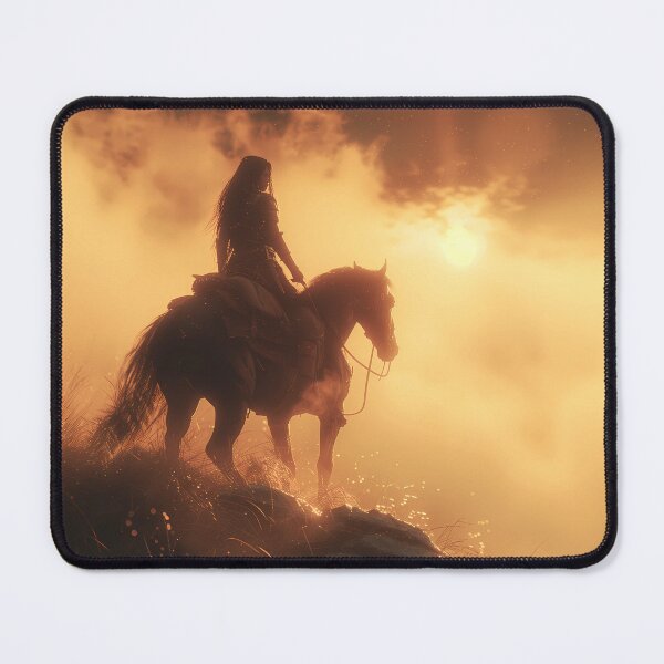 Item preview, Portrait of a horsewoman in the mist at setting sun designed and sold by Fantasyplus.