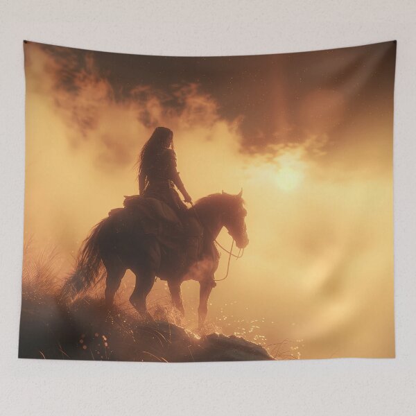 Item preview, Portrait of a horsewoman in the mist at setting sun designed and sold by Fantasyplus.