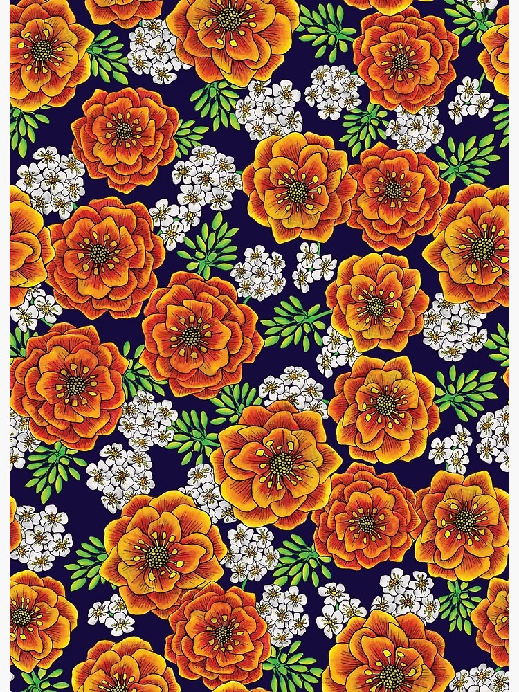 Orange, Yellow, Navy, Green & White Floral Pattern | Art Board Print