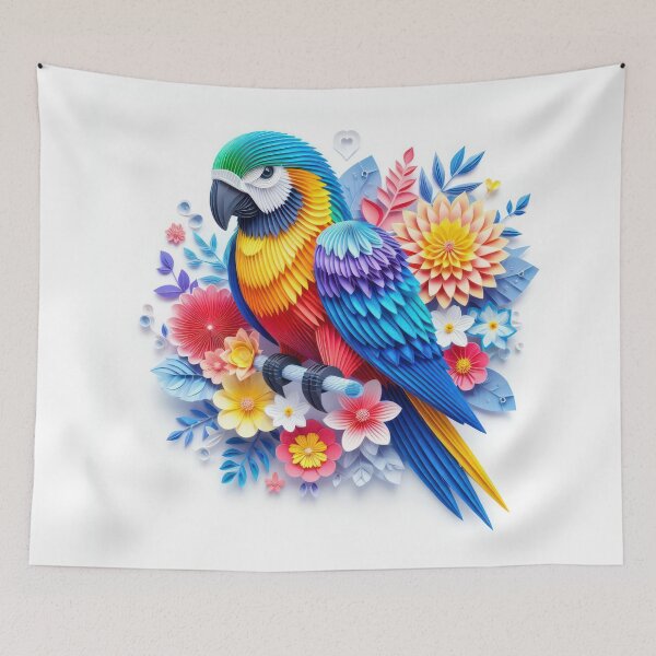 Item preview, Immerse yourself in the artful world of kirigami with a vibrant parrot against a backdrop of colorful flowers. Isolated on white, this masterpiece combines precision and elegance designed and sold by Care-and-Share.