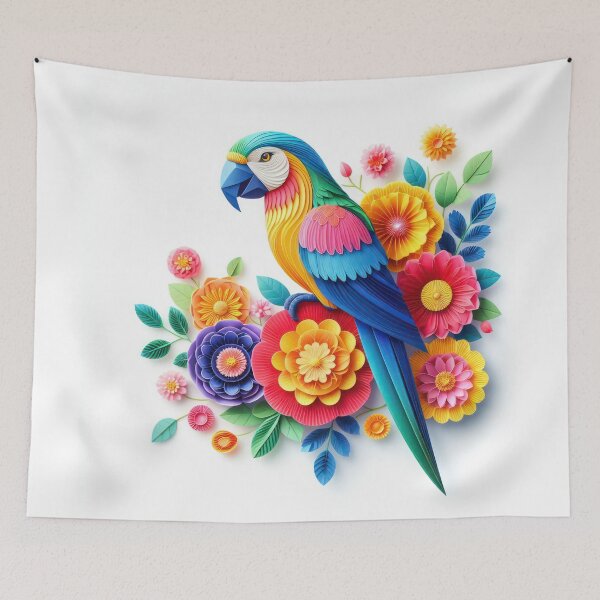 Item preview, Immerse yourself in the artful world of kirigami with a vibrant parrot against a backdrop of colorful flowers. Isolated on white, this masterpiece combines precision and elegance designed and sold by Care-and-Share.