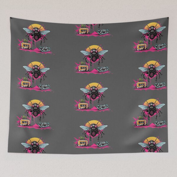 Item preview, Yet Another 1980s Theme-Spider Mixed with a House Fly-graphic-shirt-Drips, Speakers and Audio Cassettes. With Dayglow. designed and sold by markmm9.