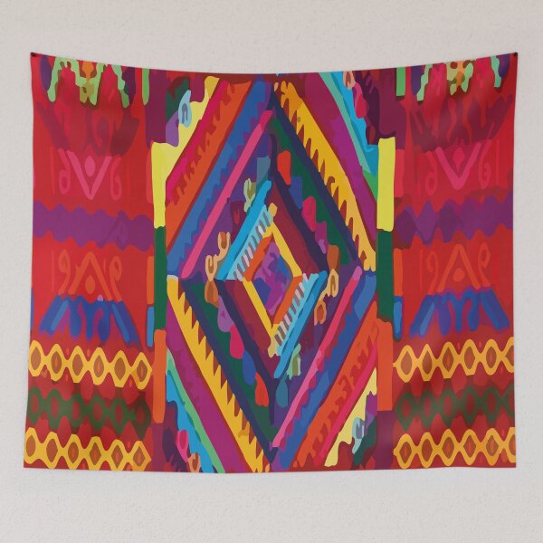 Item preview, Red ethnic embroidered maximalist maya textile, dopamine decor geometric pattern designed and sold by T-Mex.
