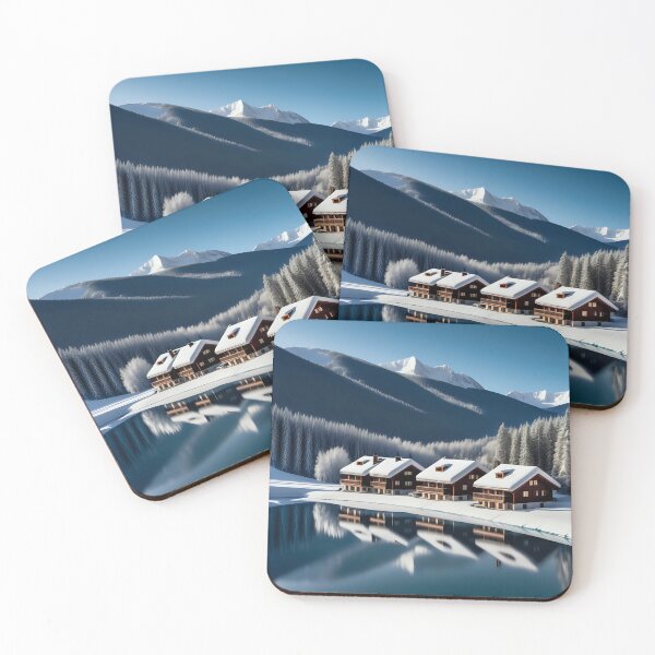 Item preview, Snowy lakeside cabins landscape designed and sold by Inspyralia.