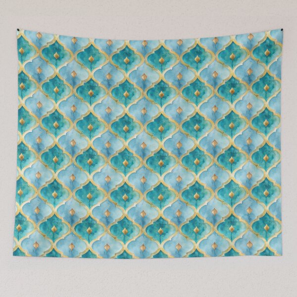 Item preview, Turquoise and gold moroccan tile pattern watercolor designed and sold by patterncrow.