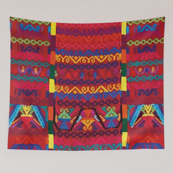 Item preview, Bright red mexican embroidery native maya textile maximalist boho chic decor designed and sold by T-Mex.