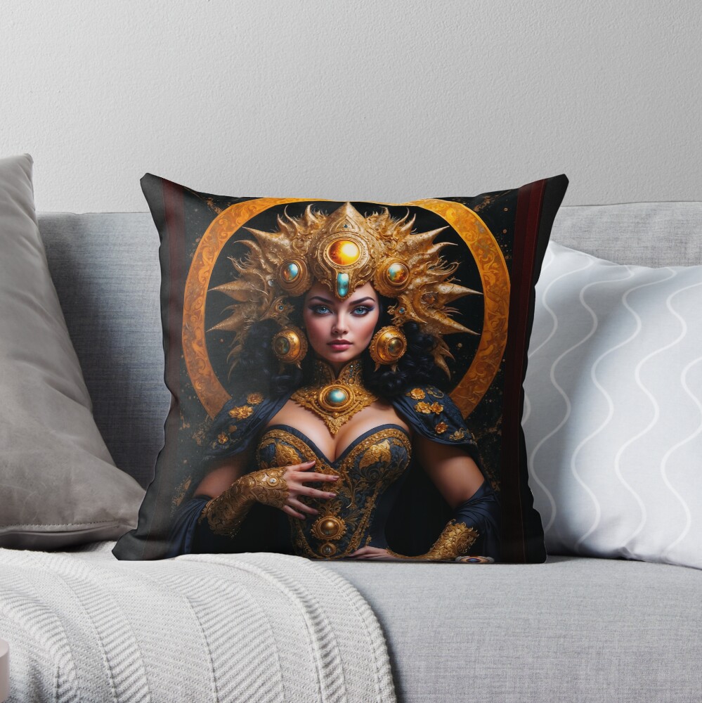 Queen Acretia Wearing The Golden Horn Crown AI Concept Art by Xzendor7 - In All Her Captivating Beauty 3 Queen Acretia Wearing The Golden Horn Crown Stunning AI Concept Art Portrait by Xzendor7 Decorative Throw Pillow