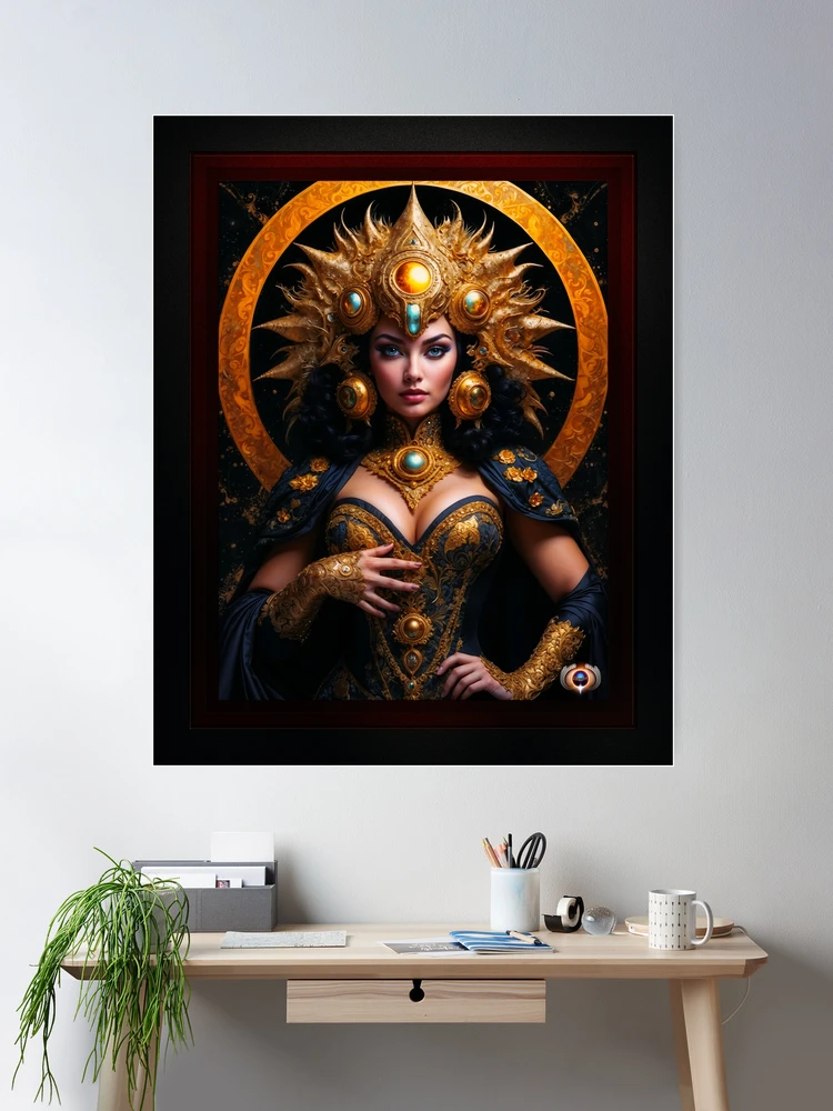 Queen Acretia Wearing The Golden Horn Crown AI Concept Art by Xzendor7 - In All Her Captivating Beauty 2 Queen Acretia Wearing The Golden Horn Crown Stunning AI Concept Art Portrait by Xzendor7 Room Decor Poster Art Print