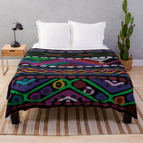 Item preview, Black mexican blanket ethnic embroidery vibrant folk art textile designed and sold by T-Mex.