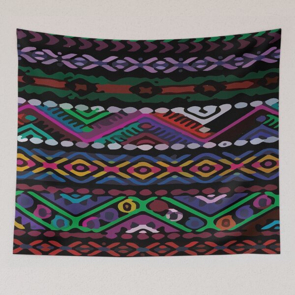 Item preview, Black mexican blanket ethnic embroidery vibrant folk art textile designed and sold by T-Mex.