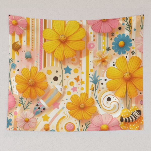 Item preview, cute vibrant yellow cosmos flowers patterns such as polka dots, stripes, swirls, and stars designed and sold by asbno19.