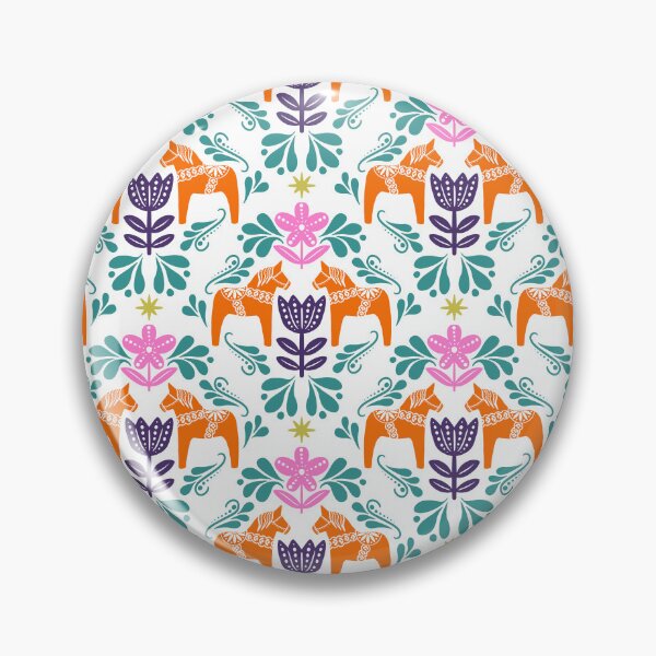 Artikelvorschau, Skandinavisches Volkskunst-Dala-Pferd-Muster – Orange, Blaugrün, Rosa und Lila entworfen und verkauft von Paige Brady Design.