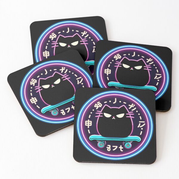 Item preview, Kawaii Black Cat Neon Skateboard with Japanese Culture Details designed and sold by GALUMARKET.