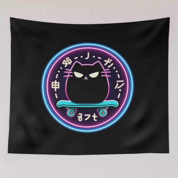 Item preview, Kawaii Black Cat Neon Skateboard with Japanese Culture Details designed and sold by GALUMARKET.