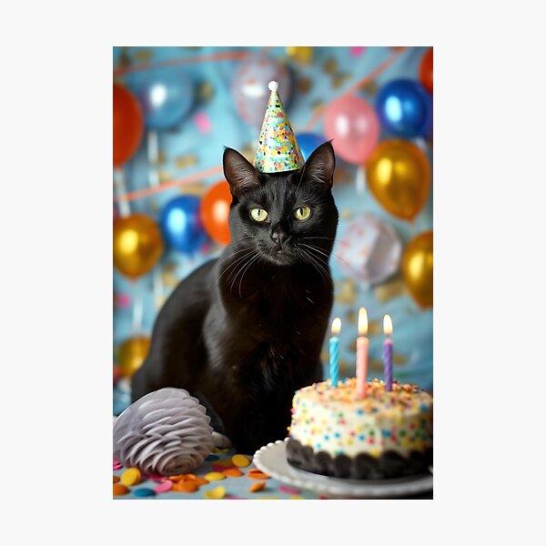Aperçu de l'œuvre Chat noir avec gâteau d'anniversaire et chapeau de fête dans un style photographique créée et vendue par OddCorro.