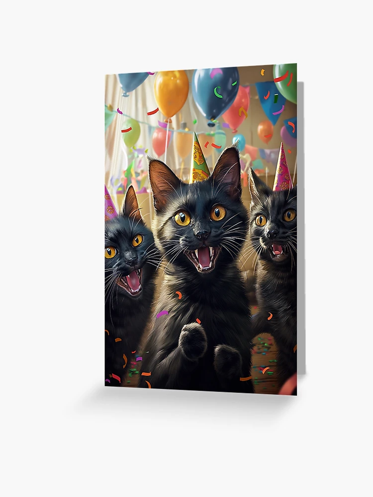 Tarjetas De Felicitación For Sale Con La Obra «Copia De Un Gato Negro Emocionado Con Un Pastel De Cumpleaños En Estilo Fotográfico - Tarjeta De Cumpleaños» De OddCorro