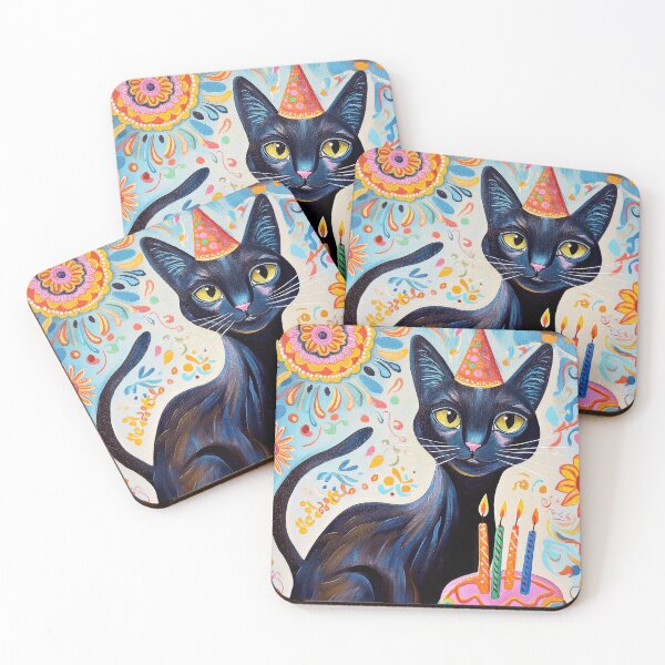 Item preview, Black Cat with Birthday Cake and Party Hat in Colourful Painted Style designed and sold by OddCorro.