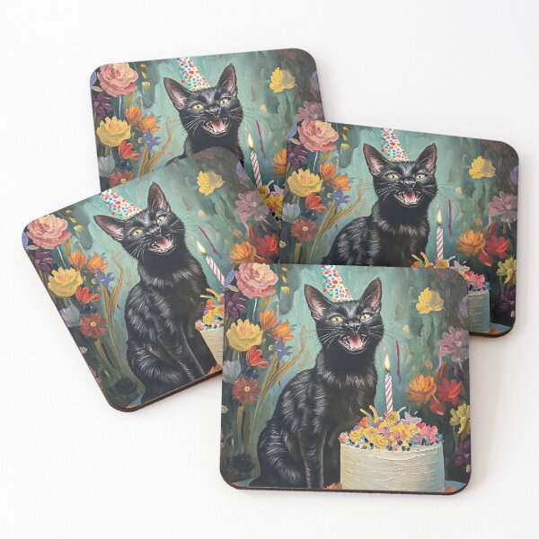Item preview, Black Cat with Birthday Cake and Party Hat in Floral Painted Style - Birthday Card designed and sold by OddCorro.