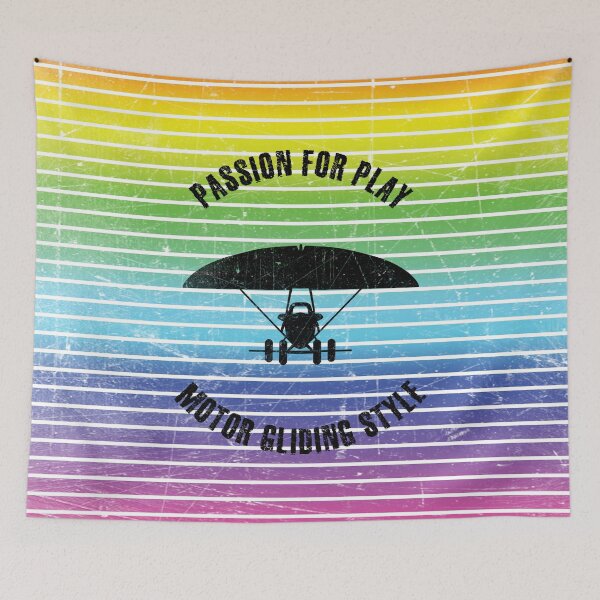 Item preview, Black silhouette of a motor glider against the background of rainbow stripes designed and sold by HarridanCreates.