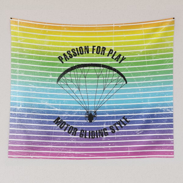 Item preview, Black silhouette of a man flying a paraglider against the background of rainbow stripes designed and sold by HarridanCreates.