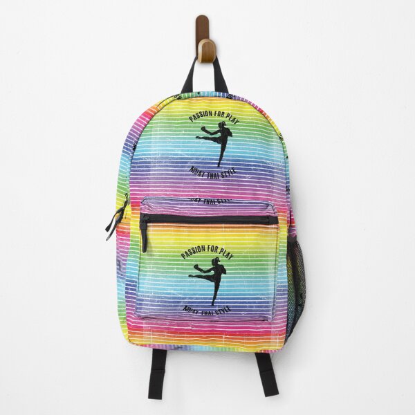 Item preview, Black silhouette of a woman training muay thai against the background of rainbow stripes designed and sold by HarridanCreates.