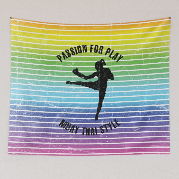 Artikelvorschau, Schwarze Silhouette einer Frau, die Muay Thai vor dem Hintergrund von Regenbogenstreifen trainiert entworfen und verkauft von HarridanCreates.