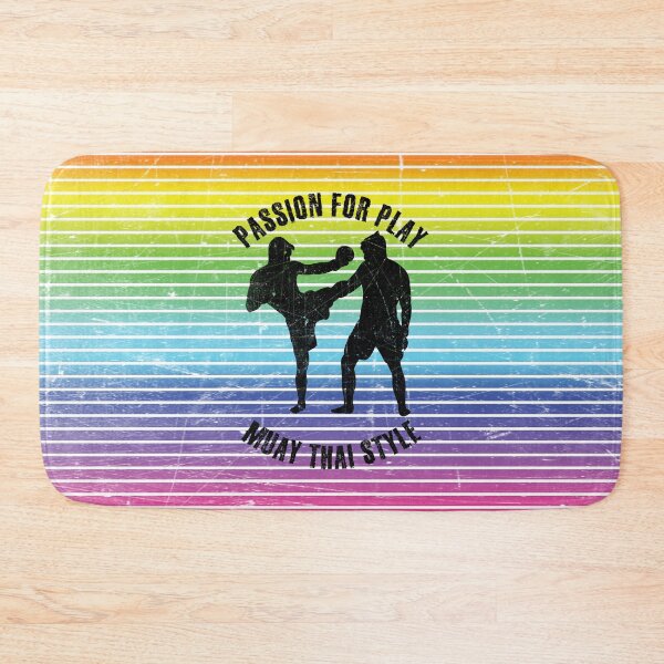 Item preview, Black silhouettes of men training muay thai against the background of rainbow stripes designed and sold by HarridanCreates.