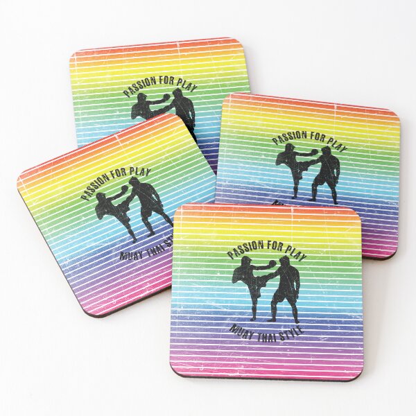 Artikelvorschau, Schwarze Silhouetten von Männern, die Muay Thai vor dem Hintergrund von Regenbogenstreifen trainieren entworfen und verkauft von HarridanCreates.