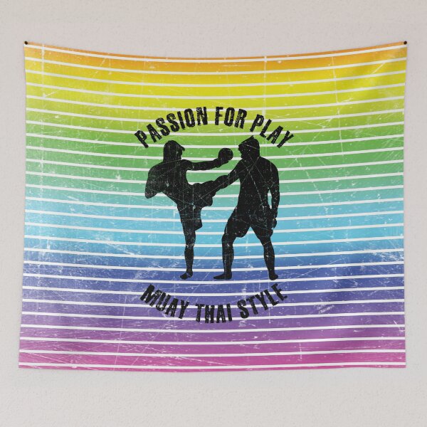 Artikelvorschau, Schwarze Silhouetten von Männern, die Muay Thai vor dem Hintergrund von Regenbogenstreifen trainieren entworfen und verkauft von HarridanCreates.